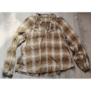 Blu Pepper Fall Shirt Brown & White‎ Plaid Boho Blouson Sleeves Peasant Size M